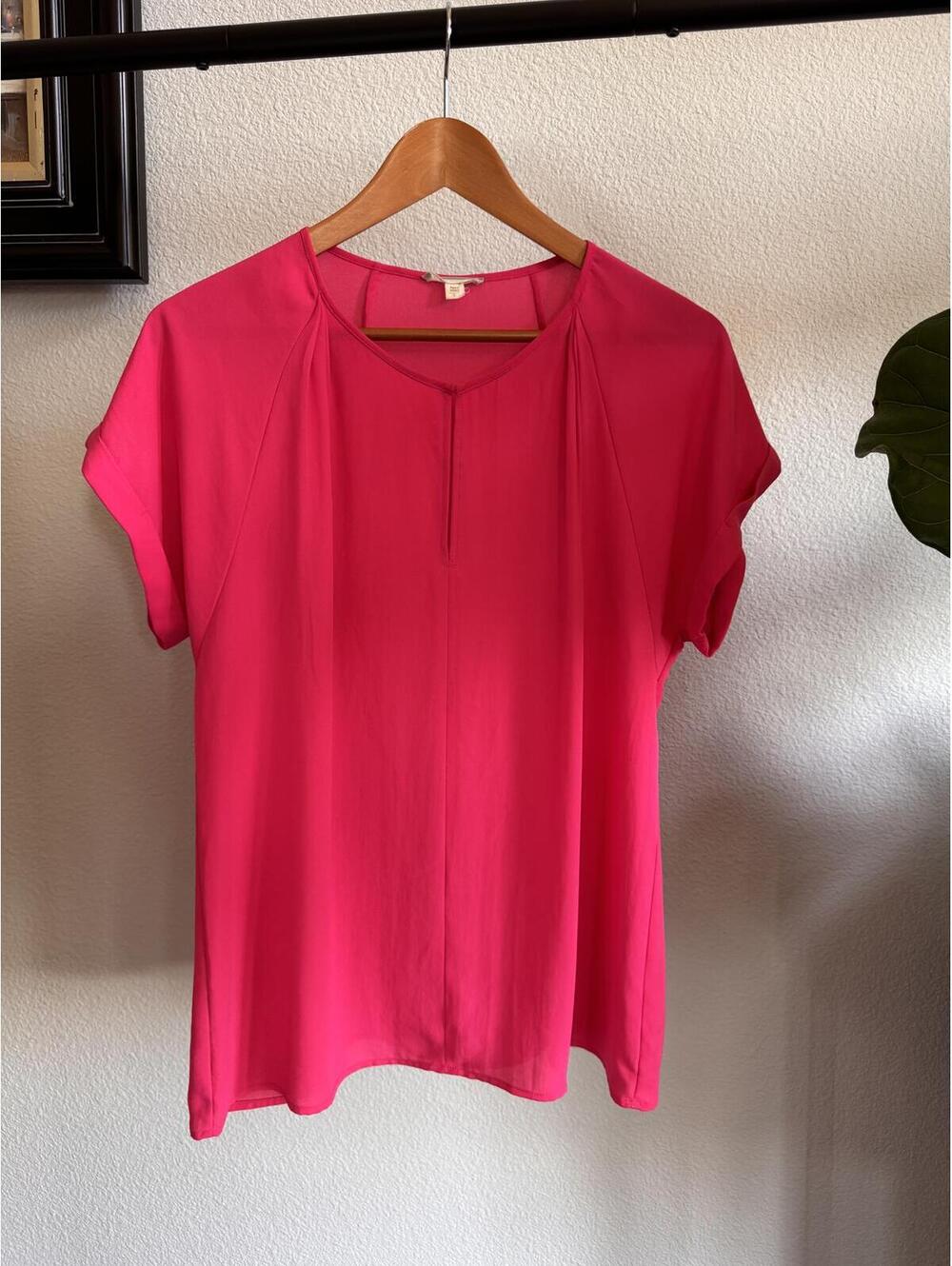 Pleione Fuchsia Pink Split Neck Keyhole Blouse Womens Large Short Sleeve Top